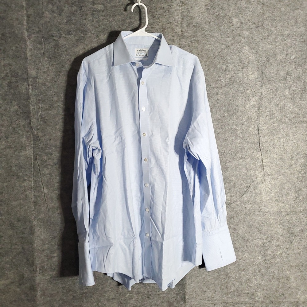 TM Lewin Dress Shirt Mens 17.5 Light Blue Check Non Iron Regular Fit Classic Pro